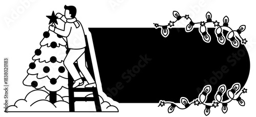 black and white illustration of A man is putting a star on a Christmas tree banner