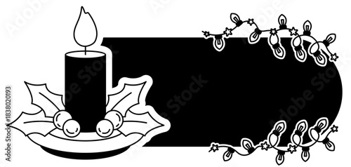 black and white illustration of A banner with a candle Christmas lights