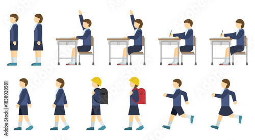 フラットイラスト：制服の小学生セット(サイド)
