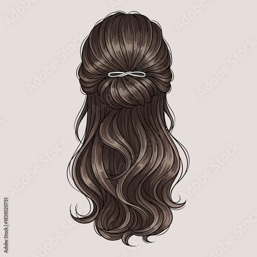 Vector Illustration of Wavy Brown Hair with Ribbon in Modern Organic Style for Beauty and Fashion Design
