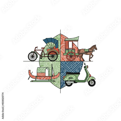 Traditional and modern transportation vehicles in a colorful quadrant design.