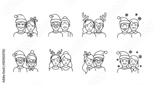 Collection of eight hand drawn christmas couple portraits in a charming silhouette style