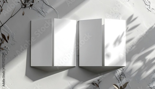 A top-down view of two open book mockups on a white, textured surface. Sunlight casts shadows from foliage