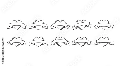 Collection of ten hand drawn heart shaped banners and ribbons silhouette