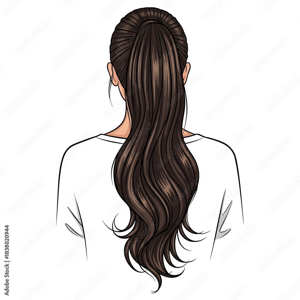 Naklejka premium Vector Illustration of Woman Hair Design in Realistic Style with Long Wavy Brown Hair