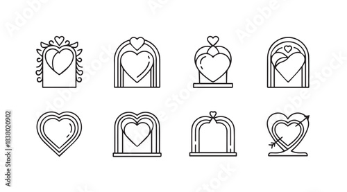 Collection of eight decorative heart archway silhouettes with intricate designs