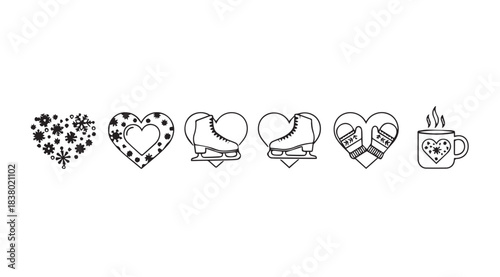 Collection of hand drawn heart shapes and a coffee mug silhouette