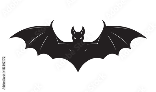 Silhouette of a black bat with outstretched wings on a white background