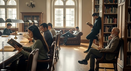 Scholarly Pursuit - Students Immersed in Reading at a University Library.