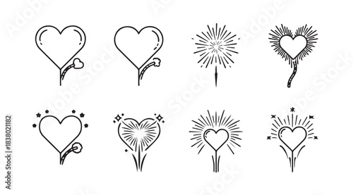 Collection of eight stylized heart shapes with decorative elements in a black and white silhouette