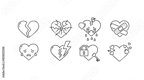 Collection of broken heart illustrations with different emotions and symbols silhouette