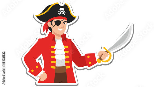 Cartoon Pirate Captain Wearing Red Jacket Black Eyepatch and Pirate Hat Holding Sword and Smiling Proudly Against a White Background