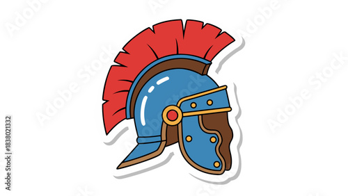 Cartoon Roman Centurion Helmet With Red Plume and Blue and Brown Armor Details on a Black Background with White Outline Sticker Effect
