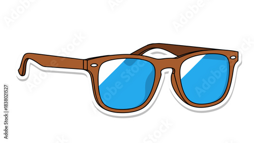 Brown Framed Sunglasses With Blue Lenses Against A Black Background And White Outline With Shadow Effect Ideal For Summer And Fashion