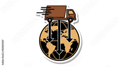 Brown Truck Delivering Packages Worldwide From Orbit Representing Global Shipping Logistics And International Trade On A Tan Earth Globe Against Black Background With Speed Lines