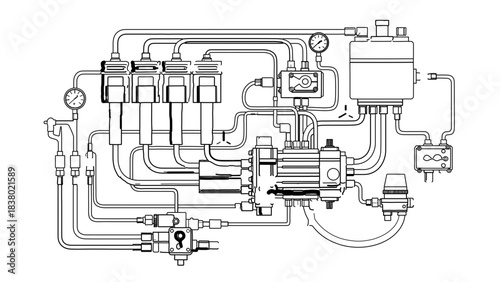 Detailed Technical Diagram of a Hydraulic or Pneumatic System with Cylinders, Valves, Gauges, and Fluid Reservoir