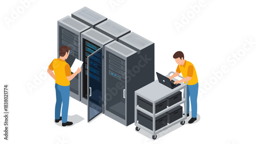 Two technicians in yellow uniforms collaborate on server maintenance, with one inspecting a physical rack while the other configures systems on a laptop cart