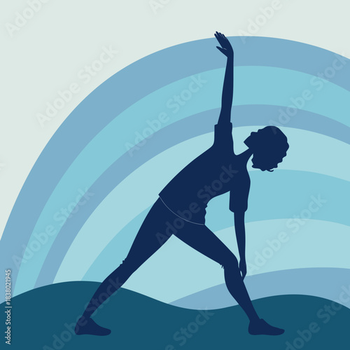 young woman practicing yoga by the sea in a blue abstract silhouette illustration