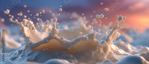 Milk splash frozen mid-air, macro droplets, clean soft-lit background