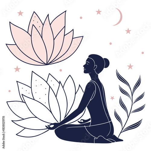 Yoga Lotus Pose Woman Floral Illustration