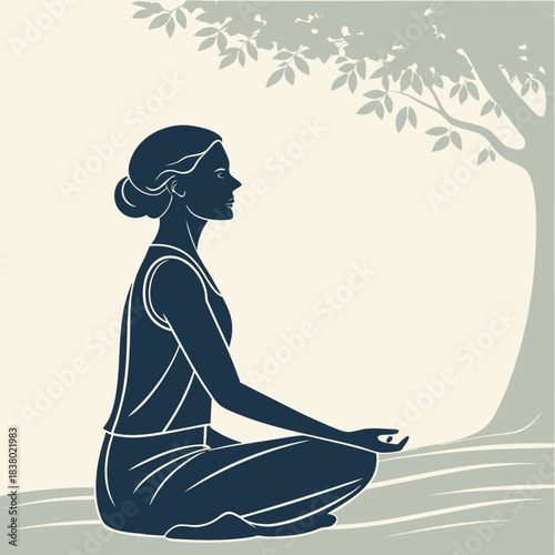 Yoga on the beach woman meditating in lotus pose vector illustration