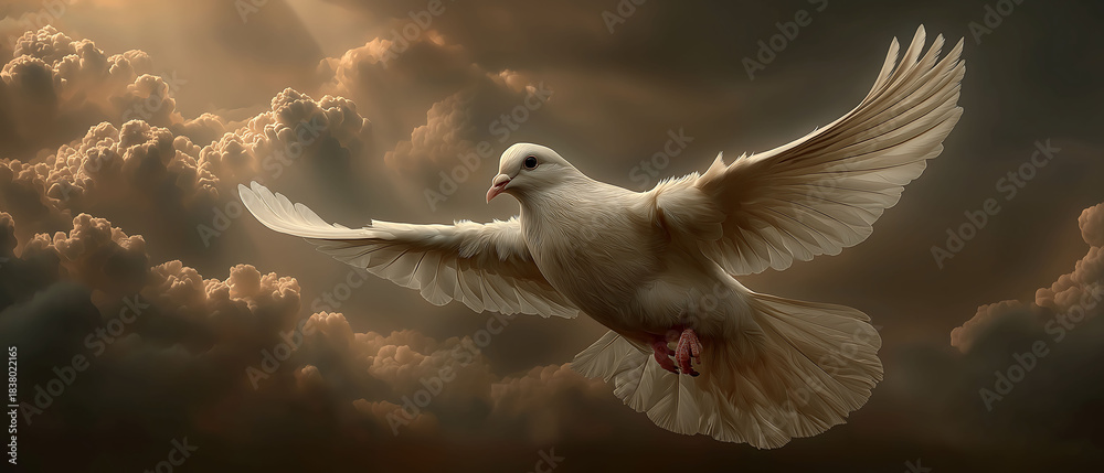 Obraz premium A dove flying over golden clouds with radiant light beams, symbolizing harmony and peace