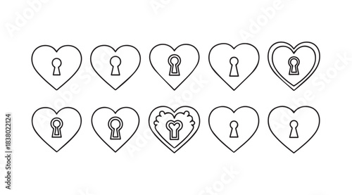 Collection of heart shaped lock and keyhole silhouettes for love and security concepts