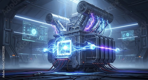 Futuristic Energy Generator with Glowing Blue and Purple Plasma Arcs in a Dark Industrial Setting.