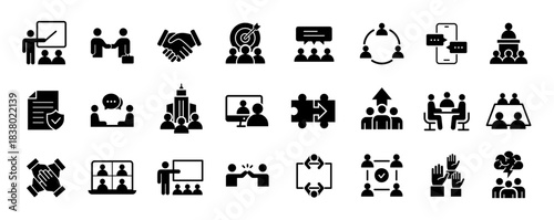 Meeting icon set. Conference and team symbol. Vector illustration.
