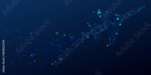 Futuristic airplane constructed from glowing polygonal lines and dots on a dark background