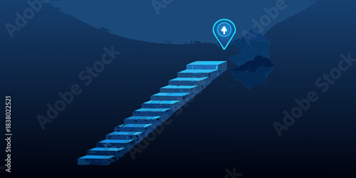 A blue staircase ascends toward a glowing location pin in darkness