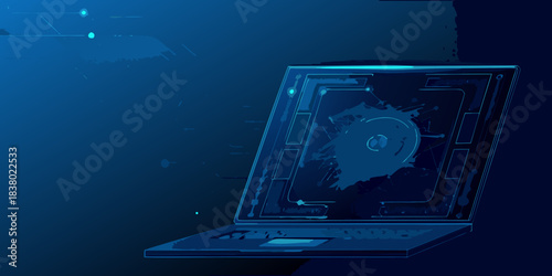 Abstract digital laptop with circuit board and glowing elements in dark blue