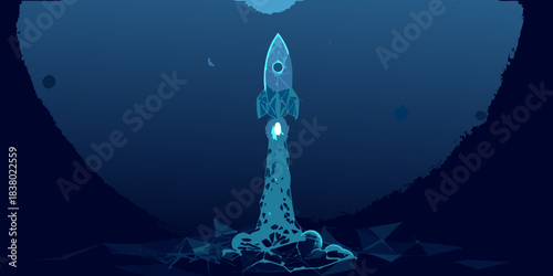 A retro style rocket launching into a dark blue space background