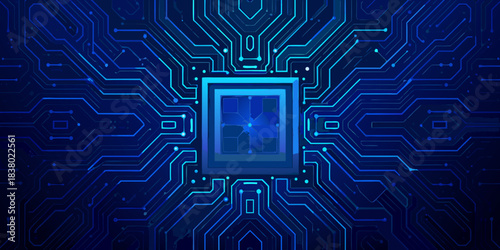 Abstract futuristic circuit board design with a central processing unit