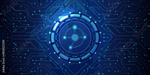 Abstract blue circuit board background with a central glowing digital interface