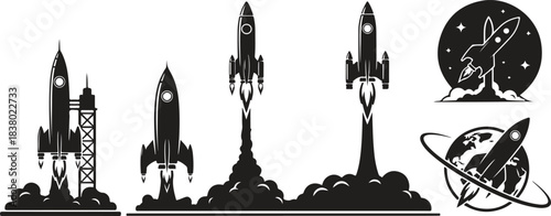 silhouettes rocket launch icon set vector eps