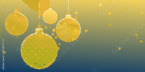 Golden ornaments hanging against a gradient blue and yellow background
