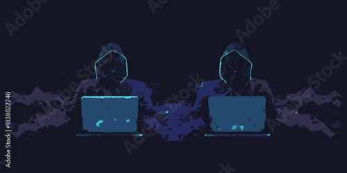 Anonymous figures working on laptops surrounded by digital glitch effects