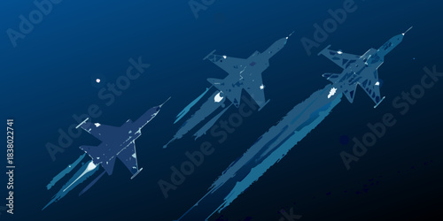 Three fighter jets soar through the dark blue sky leaving bright trails