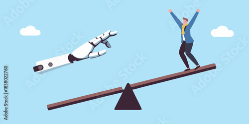 Human and artificial intelligence balancing on a seesaw representing future collaboration