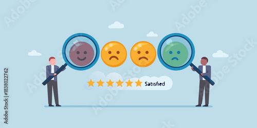 Customer satisfaction review concept with diverse professionals and varying emotional feedback