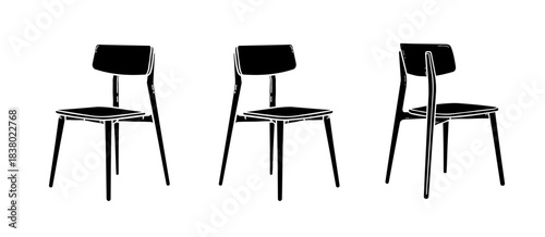 Three modern wooden chairs isolated on white. Furniture set in mid-century style for kitchen, office, or dining room - vector illustration