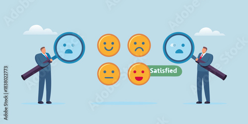 Analyzing customer emotions people examining various facial expressions with magnifying glasses