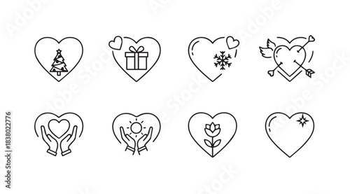 Collection of eight hand drawn heart icons with romantic and love symbols silhouette