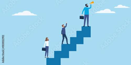 Business people climbing steps with one announcing success from the top