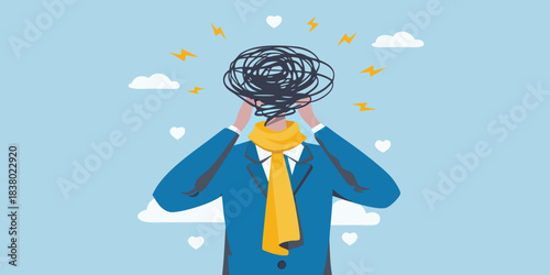 Overwhelmed individual with tangled thoughts hearts and lightning above their head