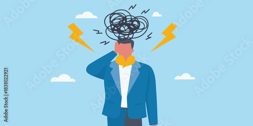 Overwhelmed businessman with tangled thoughts lightning bolts and a sense of confusion