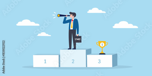 A businessman looks through a telescope from atop a victory podium