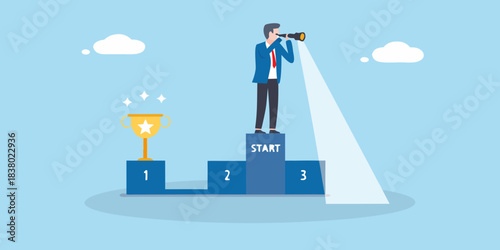 A businessman looks through a telescope at a golden trophy on a podium