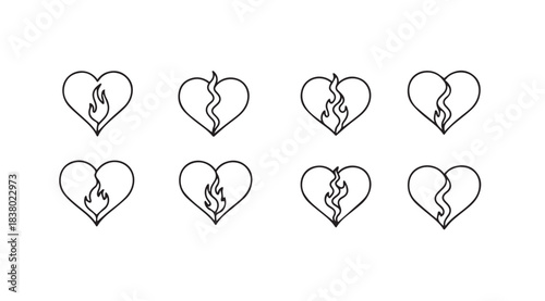 Collection of eight broken heart silhouettes with flames inside silhouette